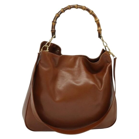 GUCCI Bamboo Hand Bag Leather 2way Brown Gold 001 2113 1577 Auth 133477 - Picture 1 of 16